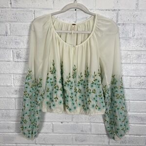 Free People Embroidered Floral Crop Peasant Blouse Womens Size S Cream Blue